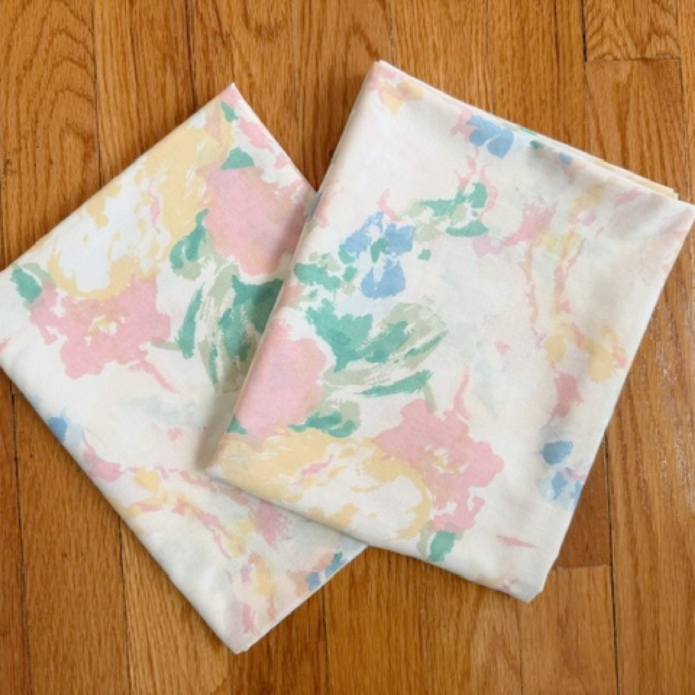 Vintage pair of pillowcases pink blue yellow floral pillowcases, Fieldcrest